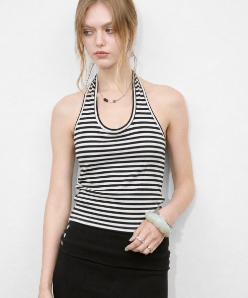 Rohwel(ローウェル)の「Border Cup-in Halter Neck Tank / ボーダーカップインホルターネックタンク(タンクトップ・レディース・ホワイト/グレー・FREE)」の1枚目の写真