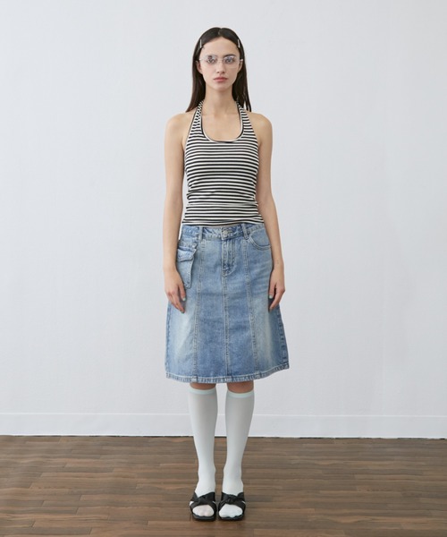 Rohwel(ローウェル)の「Border Cup-in Halter Neck Tank / ボーダーカップインホルターネックタンク(タンクトップ・レディース・ホワイト/グレー・FREE)」の12枚目の写真