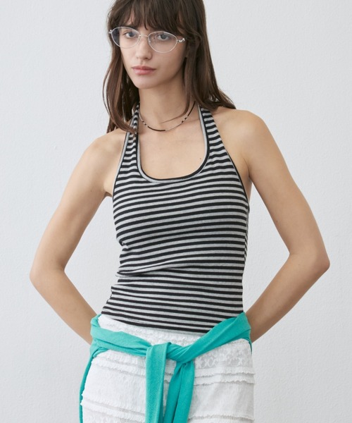 Rohwel(ローウェル)の「Border Cup-in Halter Neck Tank / ボーダーカップインホルターネックタンク(タンクトップ・レディース・ホワイト/グレー・FREE)」の5枚目の写真