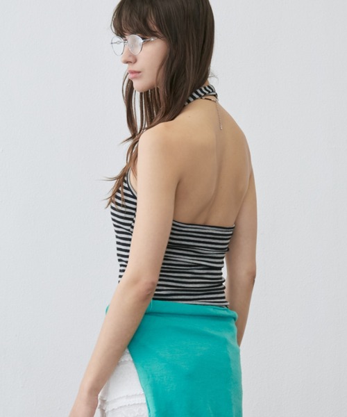 Rohwel(ローウェル)の「Border Cup-in Halter Neck Tank / ボーダーカップインホルターネックタンク(タンクトップ・レディース・ホワイト/グレー・FREE)」の6枚目の写真