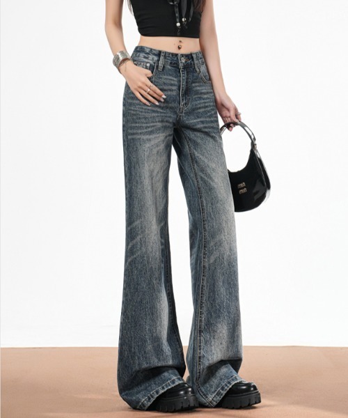 LUCPY(ラクピー)の「ヴィンテージウォッシュフレアデニムパンツ(デニムパンツ・レディース・ブラック・LARGE/MEDIUM/SMALL/X-SMALL)」の4枚目の写真