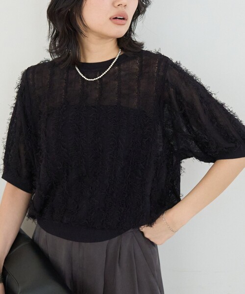 Rouge vif Anna(ルージュヴィフアンナ)の「ストライプシアーフリンジニットプルオーバー/半袖(ニット/セーター・レディース・オフホワイト/ブラウン/ブラック・フリー)」の2枚目の写真