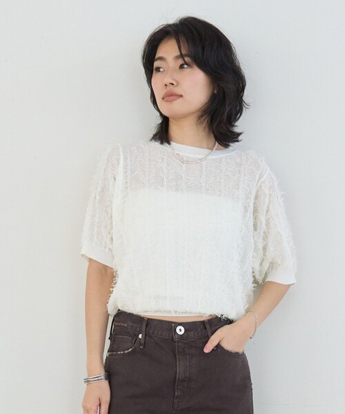 Rouge vif Anna(ルージュヴィフアンナ)の「ストライプシアーフリンジニットプルオーバー/半袖(ニット/セーター・レディース・オフホワイト/ブラウン/ブラック・フリー)」の5枚目の写真