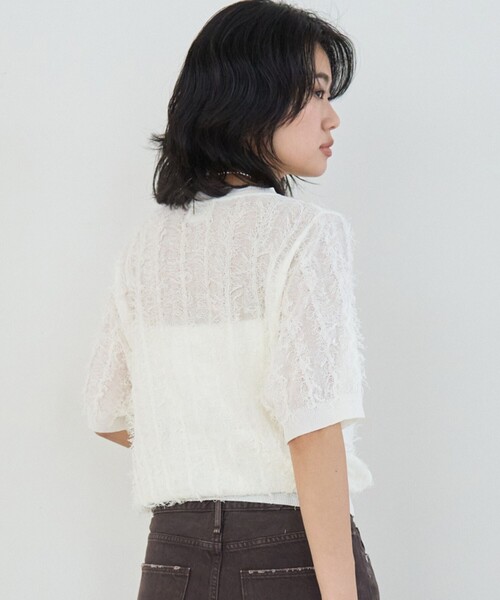 Rouge vif Anna(ルージュヴィフアンナ)の「ストライプシアーフリンジニットプルオーバー/半袖(ニット/セーター・レディース・オフホワイト/ブラウン/ブラック・フリー)」の6枚目の写真