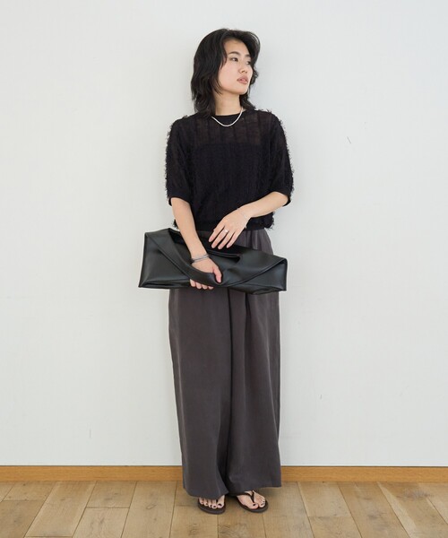Rouge vif Anna(ルージュヴィフアンナ)の「ストライプシアーフリンジニットプルオーバー/半袖(ニット/セーター・レディース・オフホワイト/ブラウン/ブラック・フリー)」の14枚目の写真