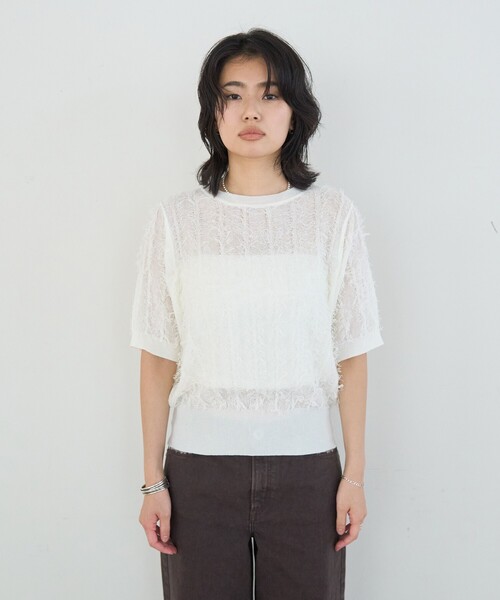 Rouge vif Anna(ルージュヴィフアンナ)の「ストライプシアーフリンジニットプルオーバー/半袖(ニット/セーター・レディース・オフホワイト/ブラウン/ブラック・フリー)」の7枚目の写真