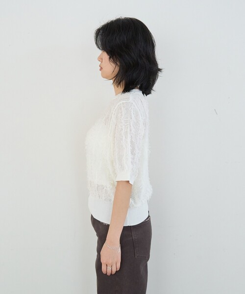 Rouge vif Anna(ルージュヴィフアンナ)の「ストライプシアーフリンジニットプルオーバー/半袖(ニット/セーター・レディース・オフホワイト/ブラウン/ブラック・フリー)」の8枚目の写真