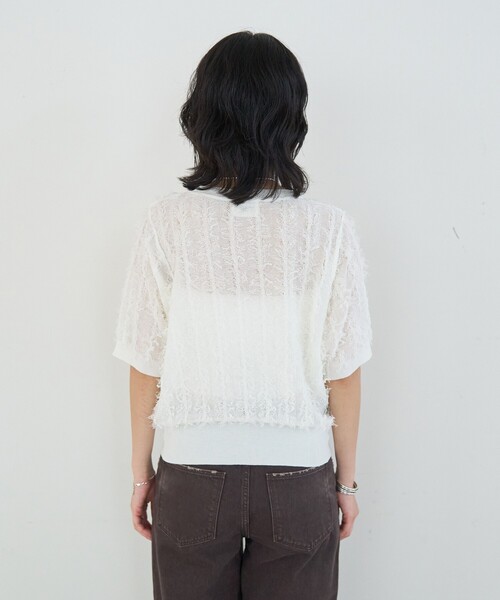 Rouge vif Anna(ルージュヴィフアンナ)の「ストライプシアーフリンジニットプルオーバー/半袖(ニット/セーター・レディース・オフホワイト/ブラウン/ブラック・フリー)」の9枚目の写真