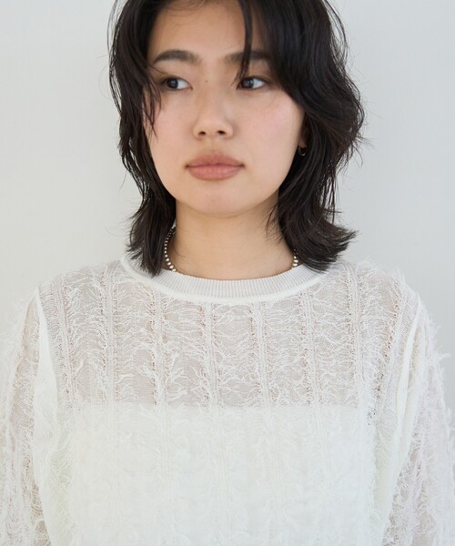 Rouge vif Anna(ルージュヴィフアンナ)の「ストライプシアーフリンジニットプルオーバー/半袖(ニット/セーター・レディース・オフホワイト/ブラウン/ブラック・フリー)」の10枚目の写真
