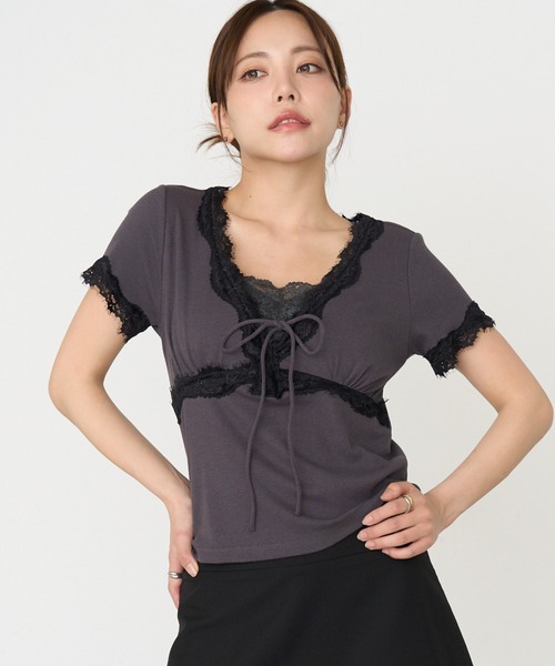 RAY CASSIN(レイカズン)の「レース切替半袖Tシャツ(Tシャツ/カットソー・レディース・ホワイト系その他2/ブラウン系その他2/アイボリー/ブラック系その他2/グレー・FREE)」の4枚目の写真