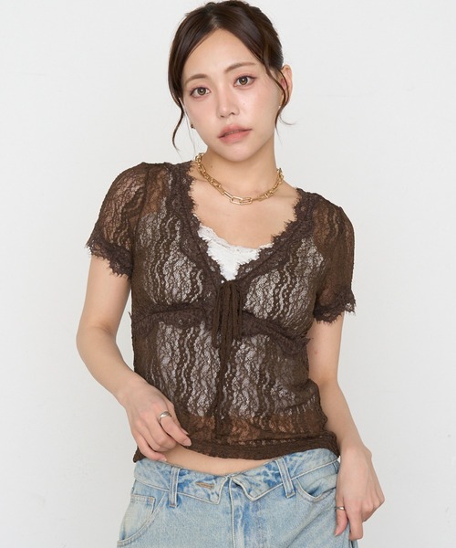 RAY CASSIN(レイカズン)の「レース切替半袖Tシャツ(Tシャツ/カットソー・レディース・ホワイト系その他2/ブラウン系その他2/アイボリー/ブラック系その他2・FREE)」の4枚目の写真