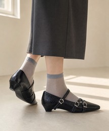SHOES 365 クロスストラップ スクエアトゥ チャンキーヒール パンプス