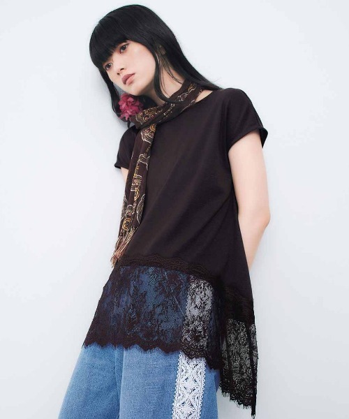 MEDE19F(メデジュウキュウ)の「MEDE19F ヘムレースフレンチスリーブトップス(Tシャツ/カットソー・レディース・ダークブラウン/ブラック/ホワイト・L/M/LL)」の3枚目の写真
