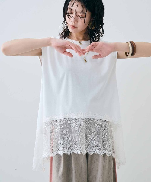 MEDE19F(メデジュウキュウ)の「MEDE19F ヘムレースフレンチスリーブトップス(Tシャツ/カットソー・レディース・ダークブラウン/ブラック/ホワイト・L/M/LL)」の15枚目の写真
