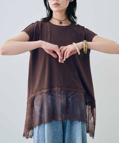 MEDE19F(メデジュウキュウ)の「MEDE19F ヘムレースフレンチスリーブトップス(Tシャツ/カットソー・レディース・ダークブラウン/ブラック/ホワイト・L/M/LL)」の17枚目の写真