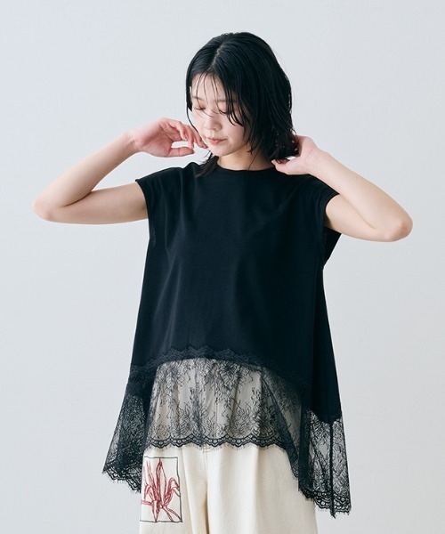 MEDE19F(メデジュウキュウ)の「MEDE19F ヘムレースフレンチスリーブトップス(Tシャツ/カットソー・レディース・ダークブラウン/ブラック/ホワイト・L/M/LL)」の14枚目の写真