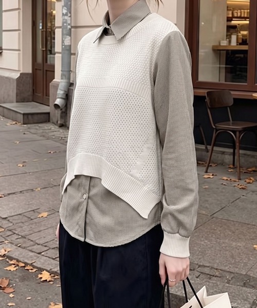 BLoomMe（ブルームミー）の「レイヤード風 ニットベストドッキングシャツ（シャツ/ブラウス・レディース・ブラック/ベージュ/モカ・M）」の5枚目の写真