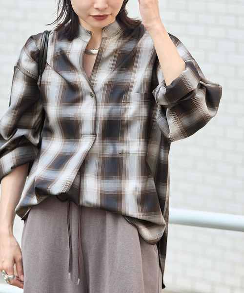 JOURNAL STANDARD（ジャーナルスタンダード）の「STANDPULL STRAIGHT SLEEVE（シャツ/ブラウス・レディース・ネイビー/チョコ・FREE）」の2枚目の写真