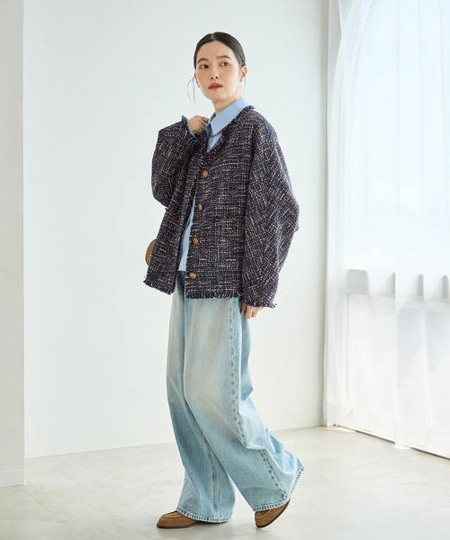 journal standard L'essage(ジャーナルスタンダードレサージュ)の「GIOLICA TWEED ドルマンジャケット(ノーカラージャケット・レディース・ネイビー・FREE)」の7枚目の写真