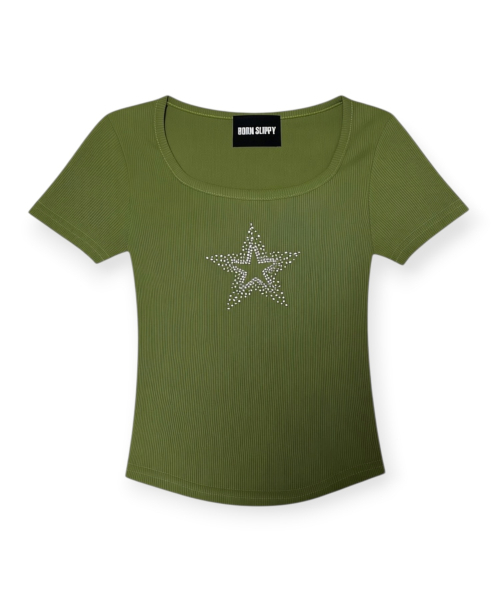 BORN SLIPPY(ボーンスリッピー)の「Crystal Star Square Neck Tee (Green)(Tシャツ/カットソー・レディース・その他・FREE)」の1枚目の写真