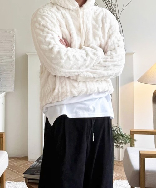 NOWLE(ノウル)の「【NOWLE】ケーブルボア プルオーバーパーカー / 裾ドローコード フーディー(パーカー・メンズ・オフホワイト/ブラック/ダークグレー・X-LARGE/LARGE/MEDIUM)」の15枚目の写真