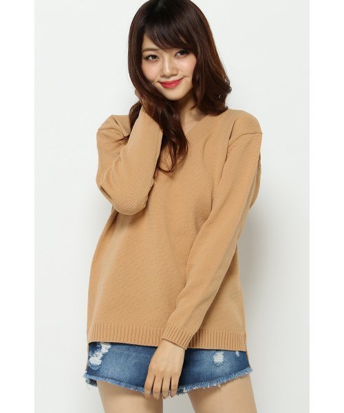 VENCEEXCHANGE(ヴァンスエクスチェンジ)の「ポリウーリーVネックニット (ニット/セーター・レディース・コーラル/ブラック/オフホワイト/ライトブラウン・MEDIUM)」の1枚目の写真