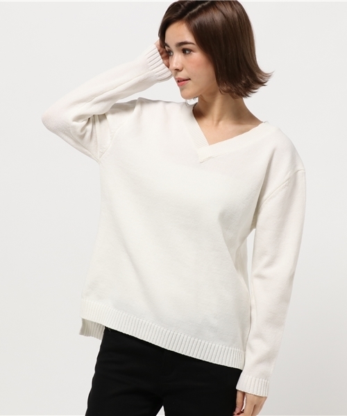 VENCEEXCHANGE(ヴァンスエクスチェンジ)の「ポリウーリーVネックニット (ニット/セーター・レディース・コーラル/ブラック/オフホワイト/ライトブラウン・MEDIUM)」の12枚目の写真