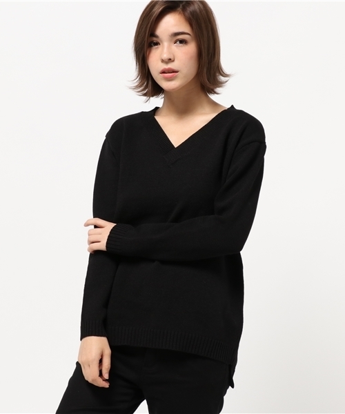 VENCEEXCHANGE(ヴァンスエクスチェンジ)の「ポリウーリーVネックニット (ニット/セーター・レディース・コーラル/ブラック/オフホワイト/ライトブラウン・MEDIUM)」の13枚目の写真