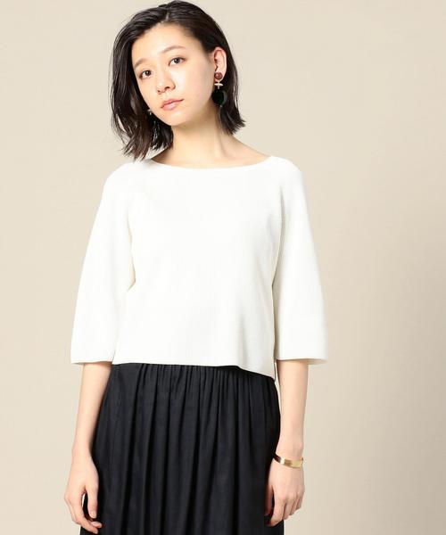 BEAUTY&YOUTH UNITED ARROWS(ビューティーアンドユースユナイテッドアローズ)の「BY クロップドバックVネック5分袖ニット ◆(ニット/セーター・レディース・ホワイト/ブラック/オレンジ・FREE)」の1枚目の写真