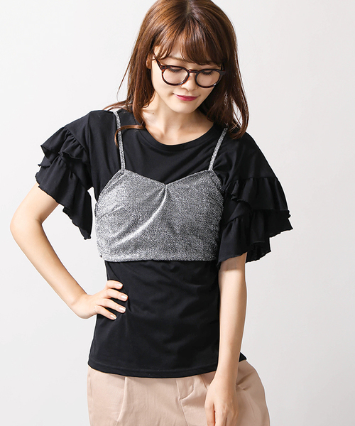 WEGO(ウィゴー)の「WEGO/【2点セット】リボンビスチェレイヤードフリルTシャツ(Tシャツ/カットソー・レディース・シルバー/ブラック/マスタード・FREE)」の3枚目の写真