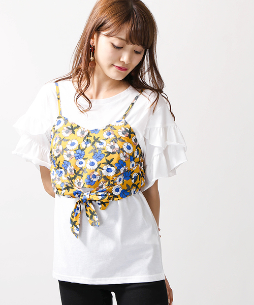 WEGO(ウィゴー)の「WEGO/【2点セット】リボンビスチェレイヤードフリルTシャツ(Tシャツ/カットソー・レディース・シルバー/ブラック/マスタード・FREE)」の1枚目の写真
