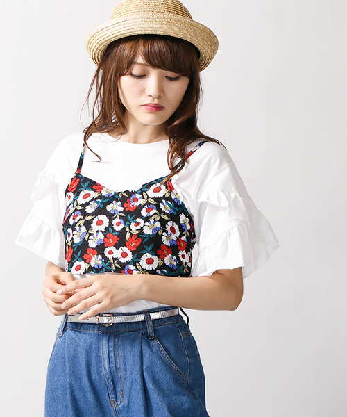 WEGO(ウィゴー)の「WEGO/【2点セット】リボンビスチェレイヤードフリルTシャツ(Tシャツ/カットソー・レディース・シルバー/ブラック/マスタード・FREE)」の2枚目の写真