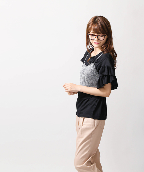 WEGO(ウィゴー)の「WEGO/【2点セット】リボンビスチェレイヤードフリルTシャツ(Tシャツ/カットソー・レディース・シルバー/ブラック/マスタード・FREE)」の19枚目の写真