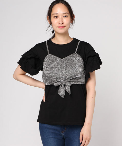 WEGO(ウィゴー)の「WEGO/【2点セット】リボンビスチェレイヤードフリルTシャツ(Tシャツ/カットソー・レディース・シルバー/ブラック/マスタード・FREE)」の15枚目の写真