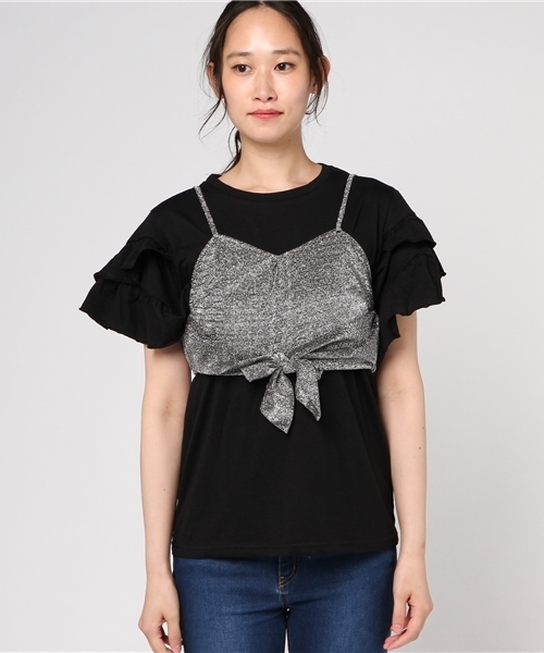 WEGO(ウィゴー)の「WEGO/【2点セット】リボンビスチェレイヤードフリルTシャツ(Tシャツ/カットソー・レディース・シルバー/ブラック/マスタード・FREE)」の4枚目の写真