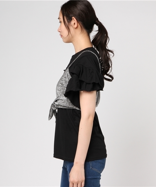 WEGO(ウィゴー)の「WEGO/【2点セット】リボンビスチェレイヤードフリルTシャツ(Tシャツ/カットソー・レディース・シルバー/ブラック/マスタード・FREE)」の5枚目の写真