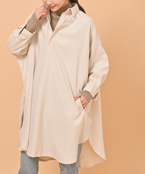 rps(アールピーエス)の「ピーチ起毛ドルマンシャツワンピース(シャツワンピース・レディース・ブラック/ブラウン/グレイッシュベージュ/ダークグリーン/ベージュ系その他/モカ/ダークベージュ/グレー/ライトベージュ/カーキ・M/フリー)」の7枚目の写真