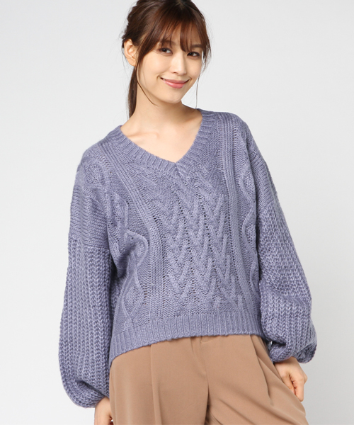 MERLOT（メルロー）の「Vネックケーブルニットセーター0063z（ニット/セーター・レディース・ブラック/パープル/レッド/アイボリー/マスタード・FREE）」の15枚目の写真