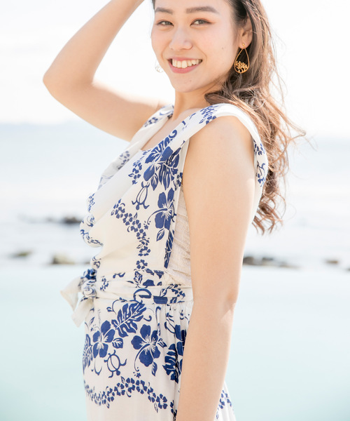 【美品】 HERMES リネン ひざ丈スカート オレンジ ナデージュ S Kahiko（カヒコ）の「【Kahiko】ホヌ＆ハイビスカスサッシュ