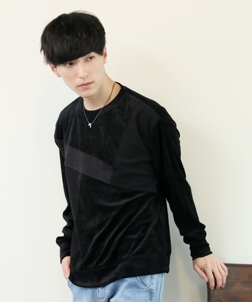TopIsm（トップイズム）の「ビッグシルエット クルーネック ベロアカットソー（Tシャツ/カットソー・メンズ・ブラック/ベージュ/ネイビー/カーキ/ワイン・M/L）」の2枚目の写真
