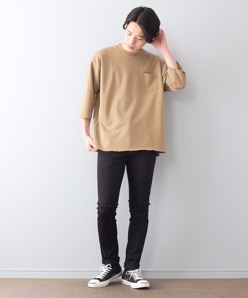 Blue Standard (ブルースタンダード)の「【BLUE STANDARD】ゆるい今風スタイルを可能にする ダブルフェイス加工 ビッグサイズシルエット ユニセックスサイジング 無地 ポケット付き7分袖Tシャツ(Tシャツ/カットソー・メンズ・ホワイト/ブラック/レンガ/ラベンダー/ベージュ・MEDIUM/LARGE/X-LARGE)」の22枚目の写真