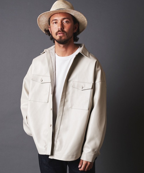 THE TWENTYSEVEN（ザ トゥエンティーセブン）の「TWENTYSEVEN:FAKE LEATHER CPO SHIRT BLOUSON　フェイク レザー CPOシャツブルゾン（ライダースジャケット・メンズ・ブラック/サックスブルー/グレイッシュベージュ・M/L）」の3枚目の写真