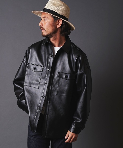 THE TWENTYSEVEN（ザ トゥエンティーセブン）の「TWENTYSEVEN:FAKE LEATHER CPO SHIRT BLOUSON　フェイク レザー CPOシャツブルゾン（ライダースジャケット・メンズ・ブラック/サックスブルー/グレイッシュベージュ・M/L）」の4枚目の写真