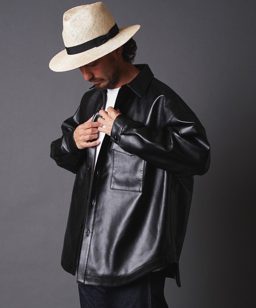 THE TWENTYSEVEN（ザ トゥエンティーセブン）の「TWENTYSEVEN:FAKE LEATHER CPO SHIRT BLOUSON　フェイク レザー CPOシャツブルゾン（ライダースジャケット・メンズ・ブラック/サックスブルー/グレイッシュベージュ・M/L）」の9枚目の写真