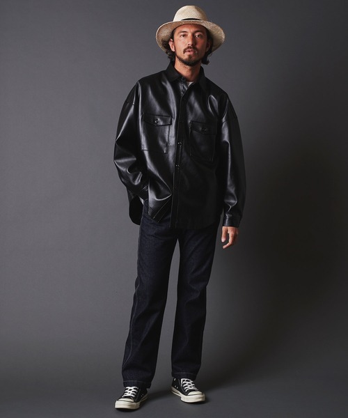 THE TWENTYSEVEN（ザ トゥエンティーセブン）の「TWENTYSEVEN:FAKE LEATHER CPO SHIRT BLOUSON　フェイク レザー CPOシャツブルゾン（ライダースジャケット・メンズ・ブラック/サックスブルー/グレイッシュベージュ・M/L）」の5枚目の写真