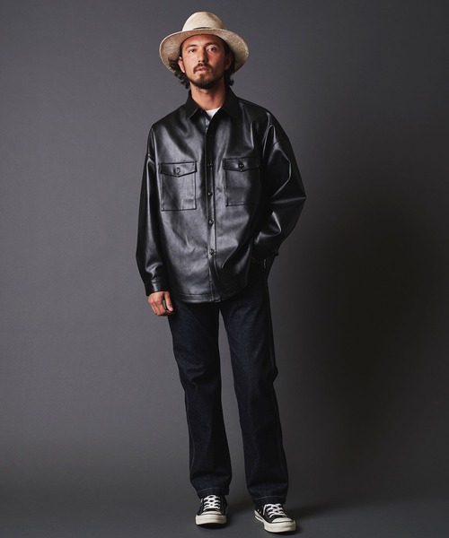 THE TWENTYSEVEN（ザ トゥエンティーセブン）の「TWENTYSEVEN:FAKE LEATHER CPO SHIRT BLOUSON　フェイク レザー CPOシャツブルゾン（ライダースジャケット・メンズ・ブラック/サックスブルー/グレイッシュベージュ・M/L）」の10枚目の写真