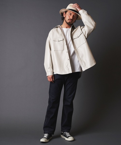 THE TWENTYSEVEN（ザ トゥエンティーセブン）の「TWENTYSEVEN:FAKE LEATHER CPO SHIRT BLOUSON　フェイク レザー CPOシャツブルゾン（ライダースジャケット・メンズ・ブラック/サックスブルー/グレイッシュベージュ・M/L）」の21枚目の写真
