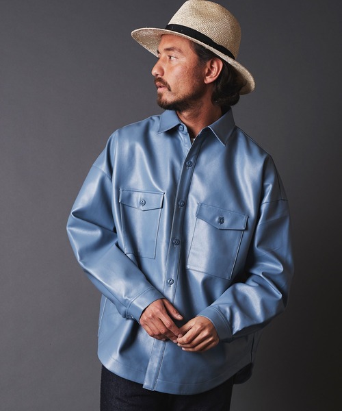 THE TWENTYSEVEN（ザ トゥエンティーセブン）の「TWENTYSEVEN:FAKE LEATHER CPO SHIRT BLOUSON　フェイク レザー CPOシャツブルゾン（ライダースジャケット・メンズ・ブラック/サックスブルー/グレイッシュベージュ・M/L）」の17枚目の写真