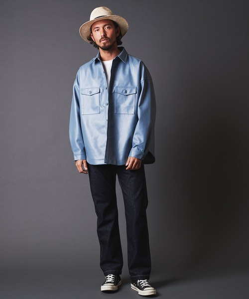 THE TWENTYSEVEN（ザ トゥエンティーセブン）の「TWENTYSEVEN:FAKE LEATHER CPO SHIRT BLOUSON　フェイク レザー CPOシャツブルゾン（ライダースジャケット・メンズ・ブラック/サックスブルー/グレイッシュベージュ・M/L）」の12枚目の写真
