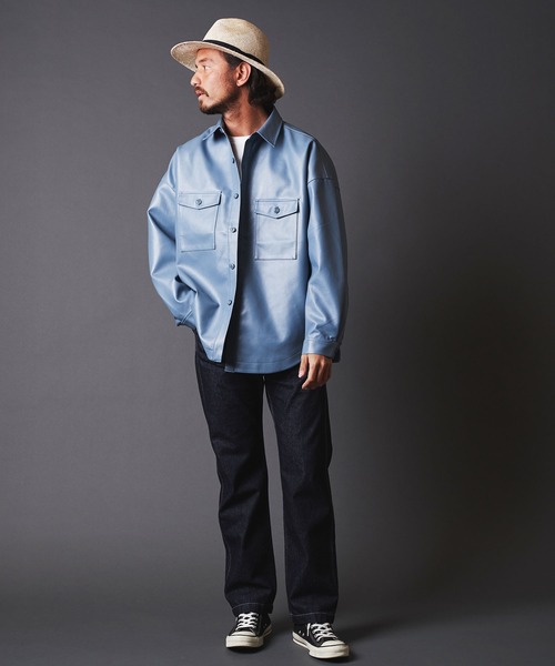 THE TWENTYSEVEN（ザ トゥエンティーセブン）の「TWENTYSEVEN:FAKE LEATHER CPO SHIRT BLOUSON　フェイク レザー CPOシャツブルゾン（ライダースジャケット・メンズ・ブラック/サックスブルー/グレイッシュベージュ・M/L）」の22枚目の写真